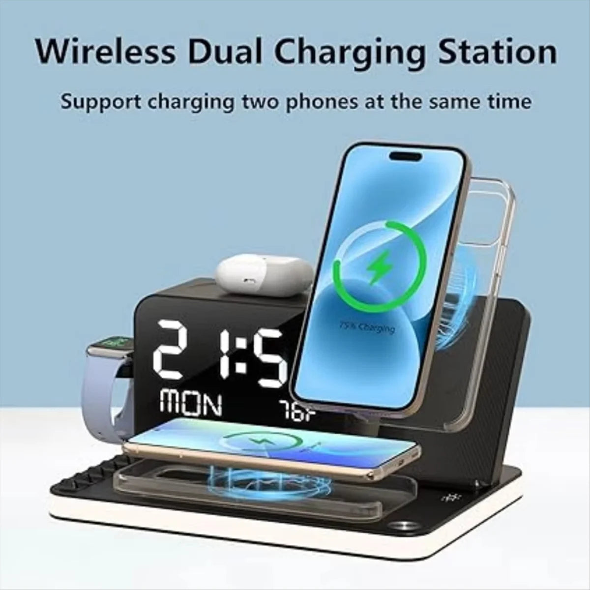 NEW Wireless Charging Station 7 in 1 Fast Charger Stand with Clock Night Lights Watches + Smartphones
