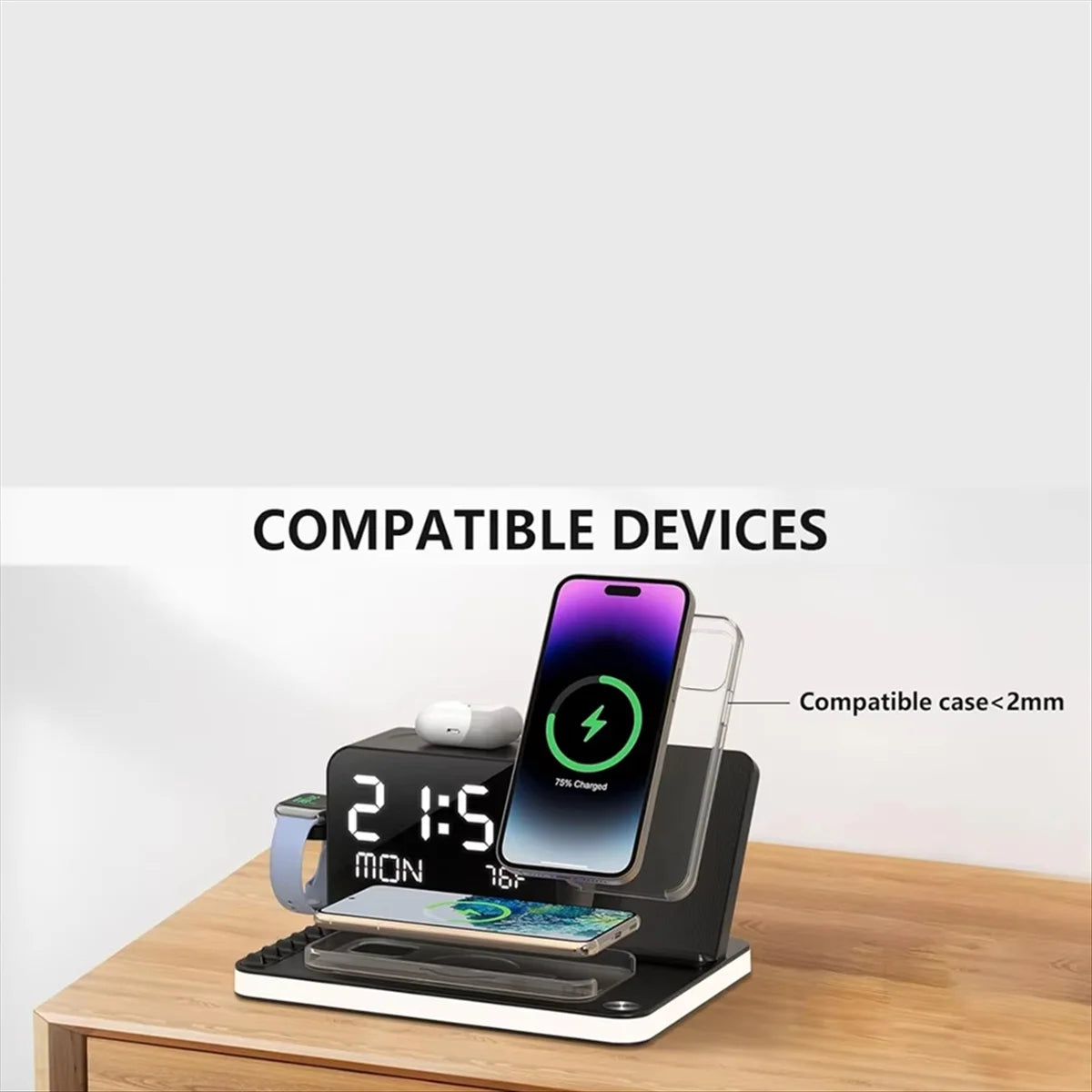 NEW Wireless Charging Station 7 in 1 Fast Charger Stand with Clock Night Lights Watches + Smartphones