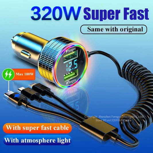 320W USB Car Charger 5 in 1 Fast Charging Phone Adapter for iPhone