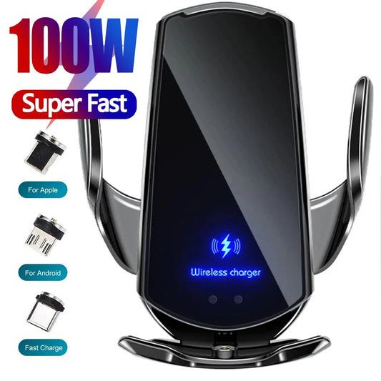2024 New 100W New Intelligent Fast Car Wireless Charger With Stand For iPhone