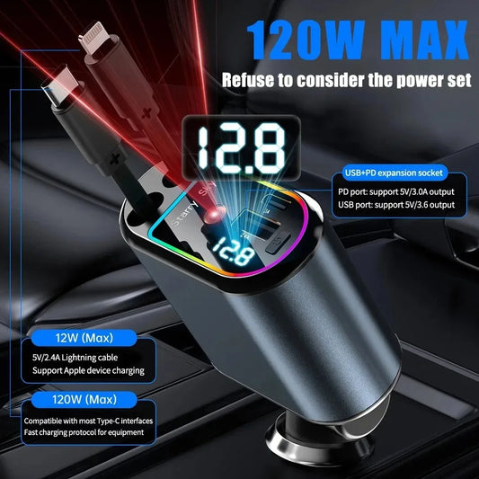 4-in-1 Car Charger With 2 Retractable Cable(s) 120W Fast Charger Power Adapter Car Charger With Starlight IOS/Android