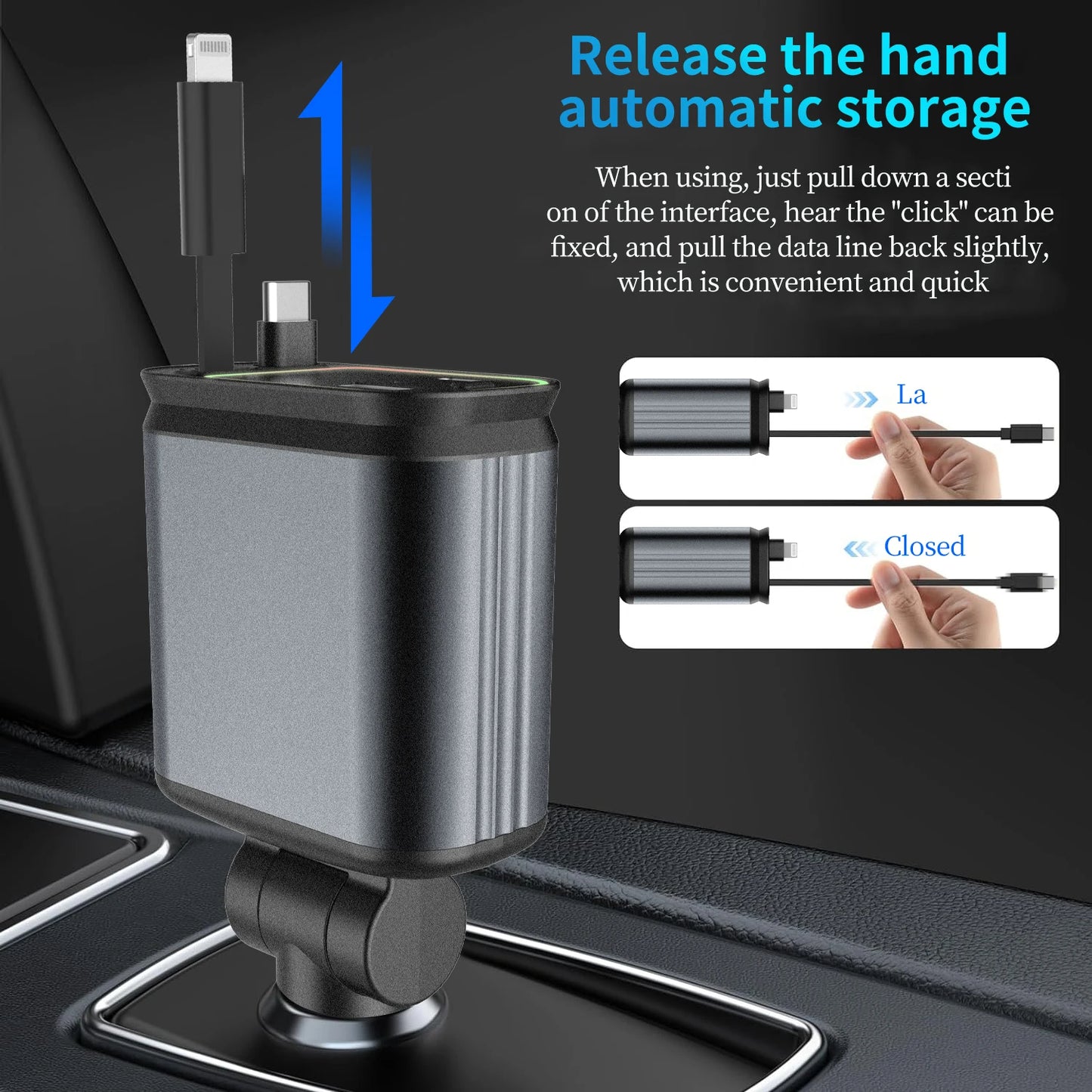 4-in-1 Car Charger With 2 Retractable Cable(s) 120W Fast Charger Power Adapter Car Charger With Starlight IOS/Android