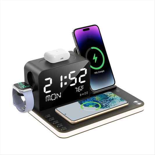 NEW Wireless Charging Station 7 in 1 Fast Charger Stand with Clock Night Lights Watches + Smartphones