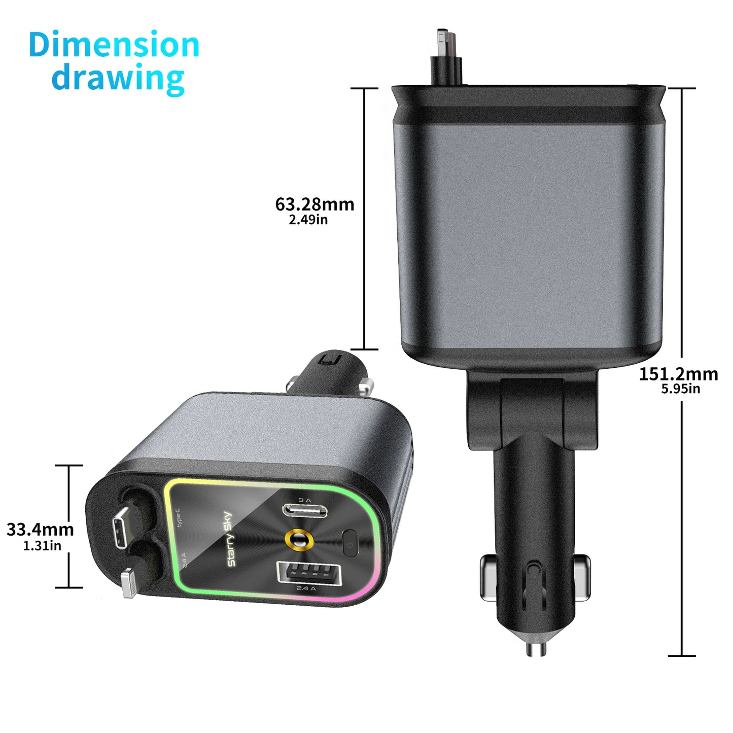 4-in-1 Car Charger With 2 Retractable Cable(s) 120W Fast Charger Power Adapter Car Charger With Starlight IOS/Android