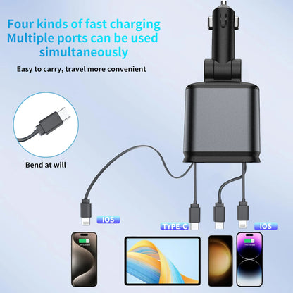 4-in-1 Car Charger With 2 Retractable Cable(s) 120W Fast Charger Power Adapter Car Charger With Starlight IOS/Android