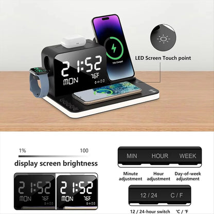 NEW Wireless Charging Station 7 in 1 Fast Charger Stand with Clock Night Lights Watches + Smartphones